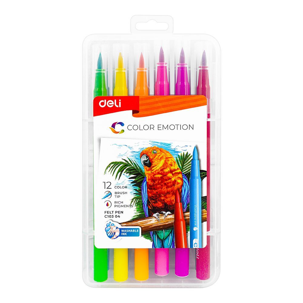 Deli Felt Pens, Rich Pigments, Brush Tip, 12 Assorted Colors, Washable Ink, For 3+ Children's, EC10304