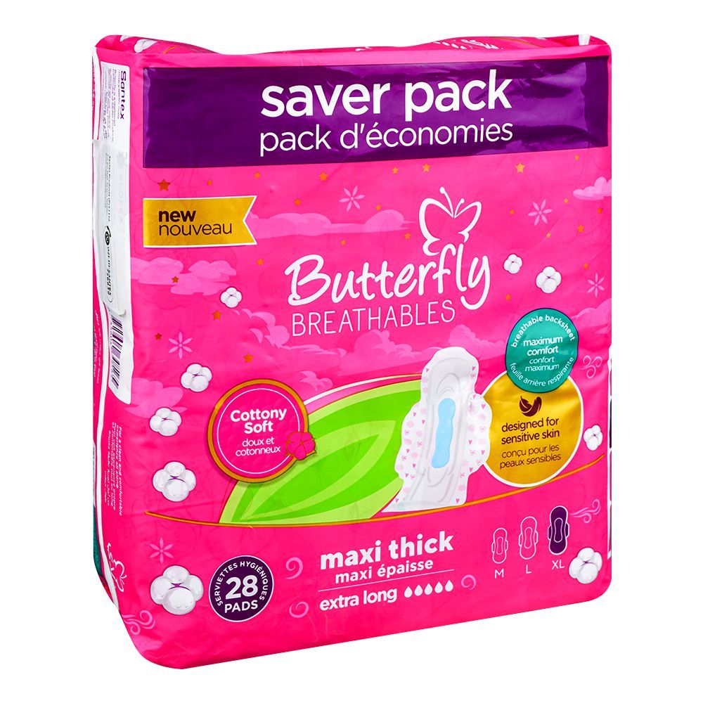 Butterfly Breathable Maxi Thick Extra-Long Pads, Designed For Sensitive Skin, 28 Pads Saver Pack