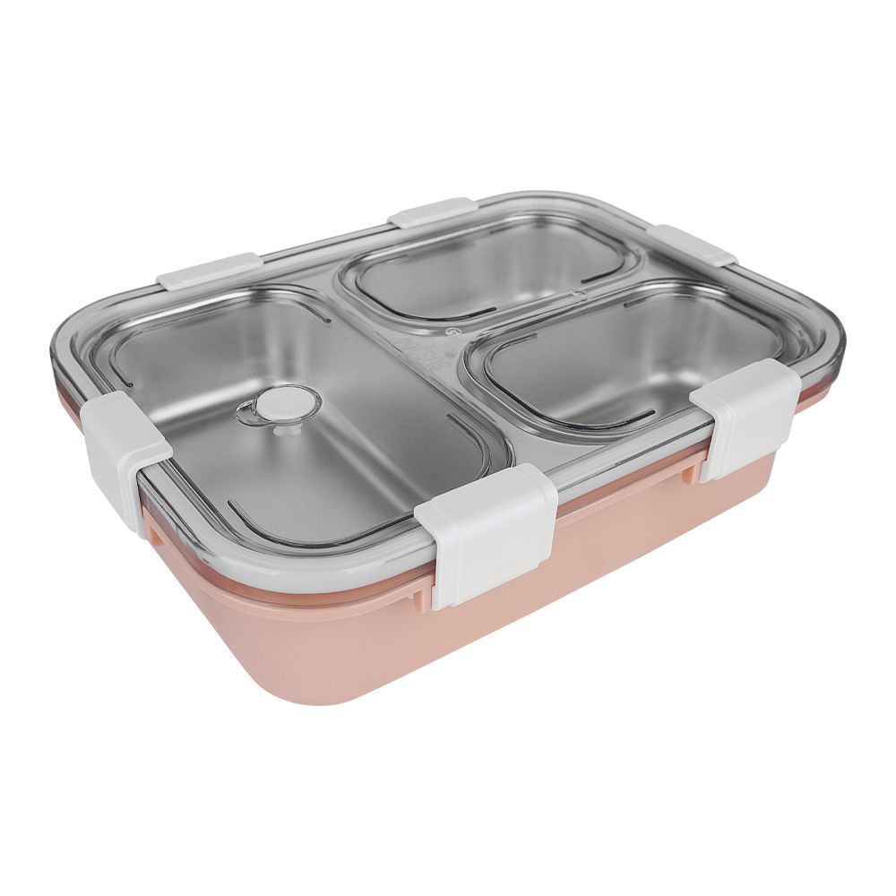 Stainless Steel Lunch Box With Cutlery, Three Compartments, 750ml, 19cm (H) x 12.5cm (W) x 5.5cm (D), Peach