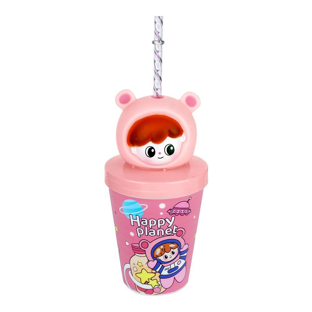 Trendy Happy Planet Plastic Glass With Lids & Straw, Travel Mug, 12.5cm (H) x 9.5cm (W), Pink