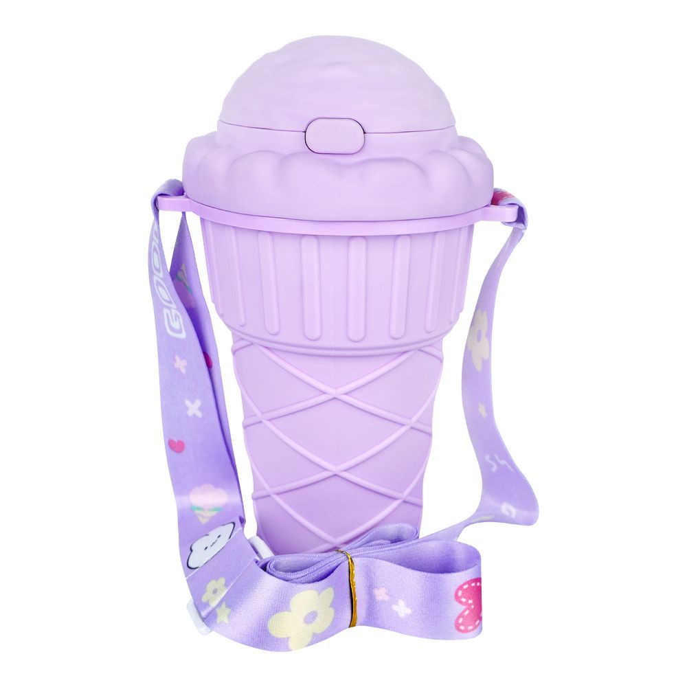 Sundae Ice Cream Bottle For kids With Straw and Strap, 500ml, 14cm (H) x 8cm (W), Purple