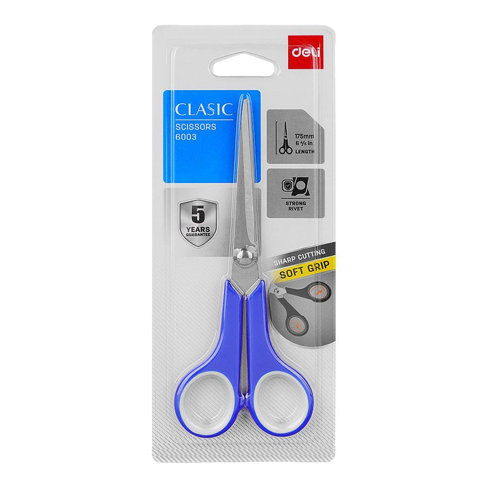 Deli 6.5''Inch Metal Office Scissor, 175mm Length, Soft grip, Sharp Cutting, Blue, E6003