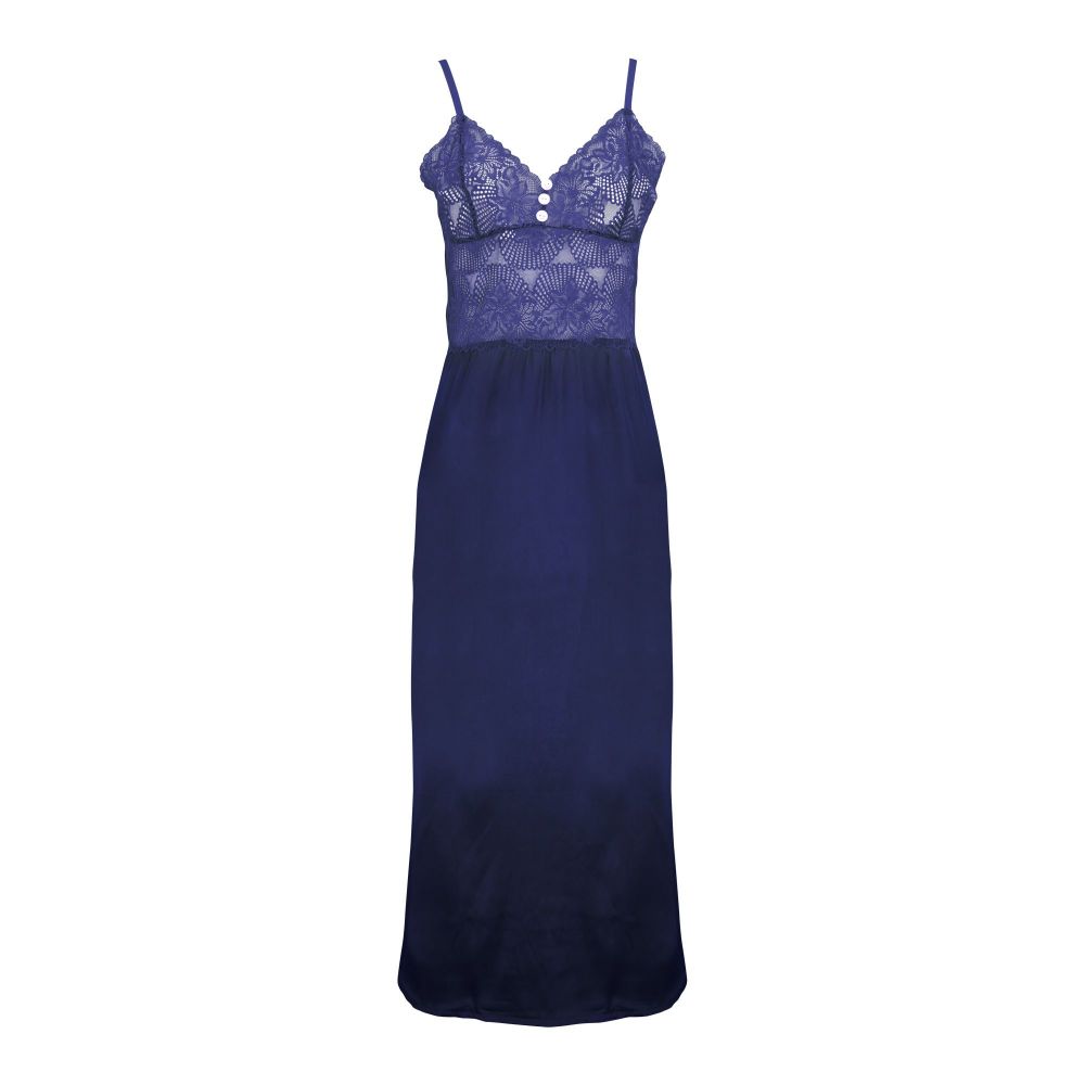 Flourish 2-Piece Satin Silk and Delicate Lace Nightdress With Nighty and Ankle-Length Robe, Navy Blue, FLW-5984