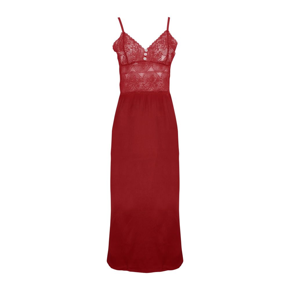 Flourish 2-Piece Satin Silk and Delicate Lace Nightdress With Nighty and Ankle-Length Robe, Maroon, FLW-5984