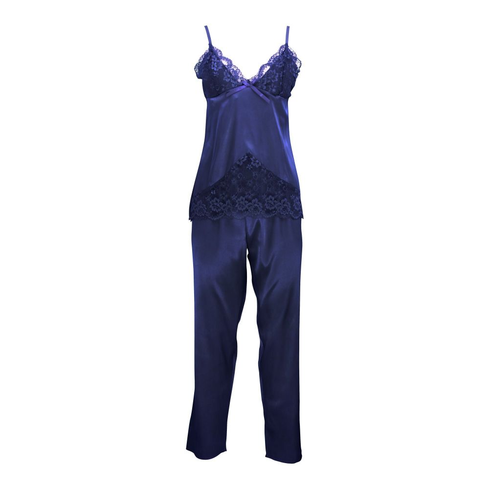 Flourish 3-Piece Satin Silk and Delicate Lace Nightdress Wih Pajama Set & Mid Length Robe, Navy Blue, FLW-6102