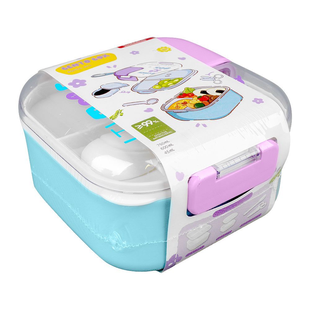 Homeatic Plastic Lunch Box With Cutlery, 750ml/600ml Capacity, 5.5cm(H)x8.5cm(W),8cm(D), Blue, HMT-010