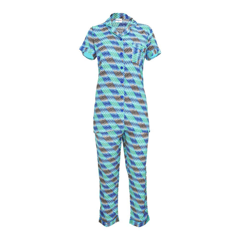 Basix Women's Half Sleeves Geometric Loungewear, 2-Piece Set, Royal Blue & Green, LW-631