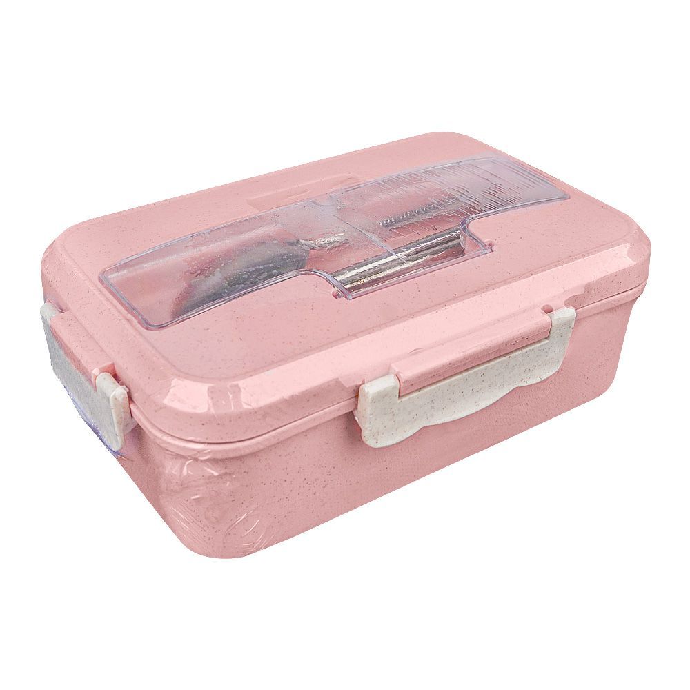 Plastic Lunch Box With Metal Cutlery, Pink, 5.5cm (H) x 16.5cm (W) x 10cm (D), (SH-203) 0001004