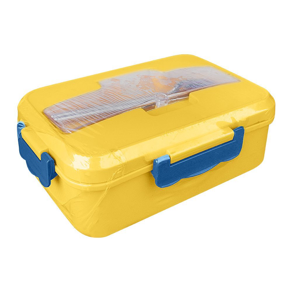 Plastic Lunch Box With Metal Cutlery, Yellow, (SH-203) 0001004