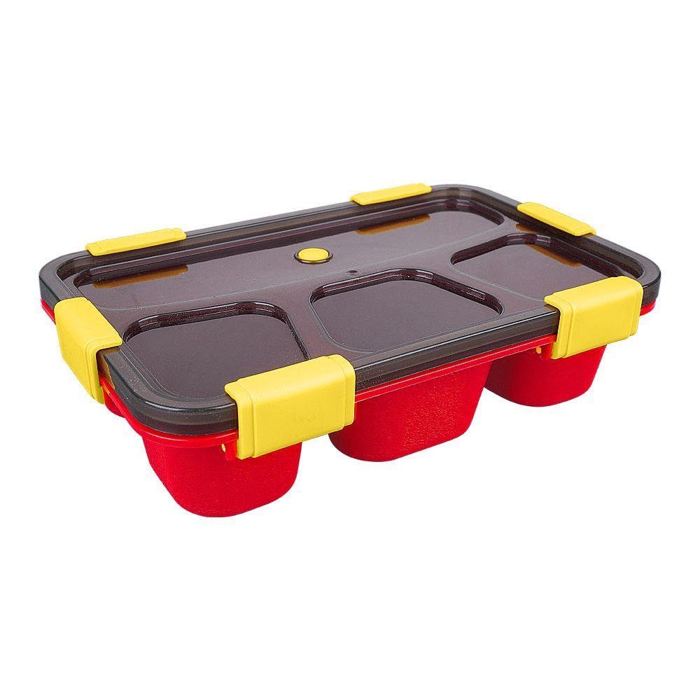 Plastic Lunch Box With Cutlery, 4-Compartments, Red, (SH-205) 0001005