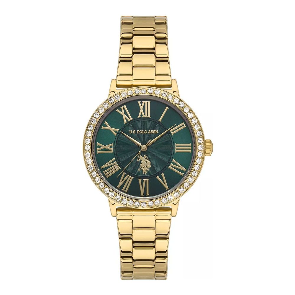 U.S. Polo Assn. Women's Metallic Chain Round Dial Analog Wrist Watch, Green, USPA2047-02