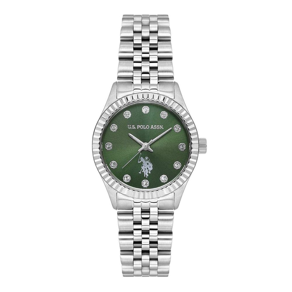 U.S. Polo Assn. Women's Metallic Chain Round Dial Analog Wrist Watch, Green, USPA2086-03