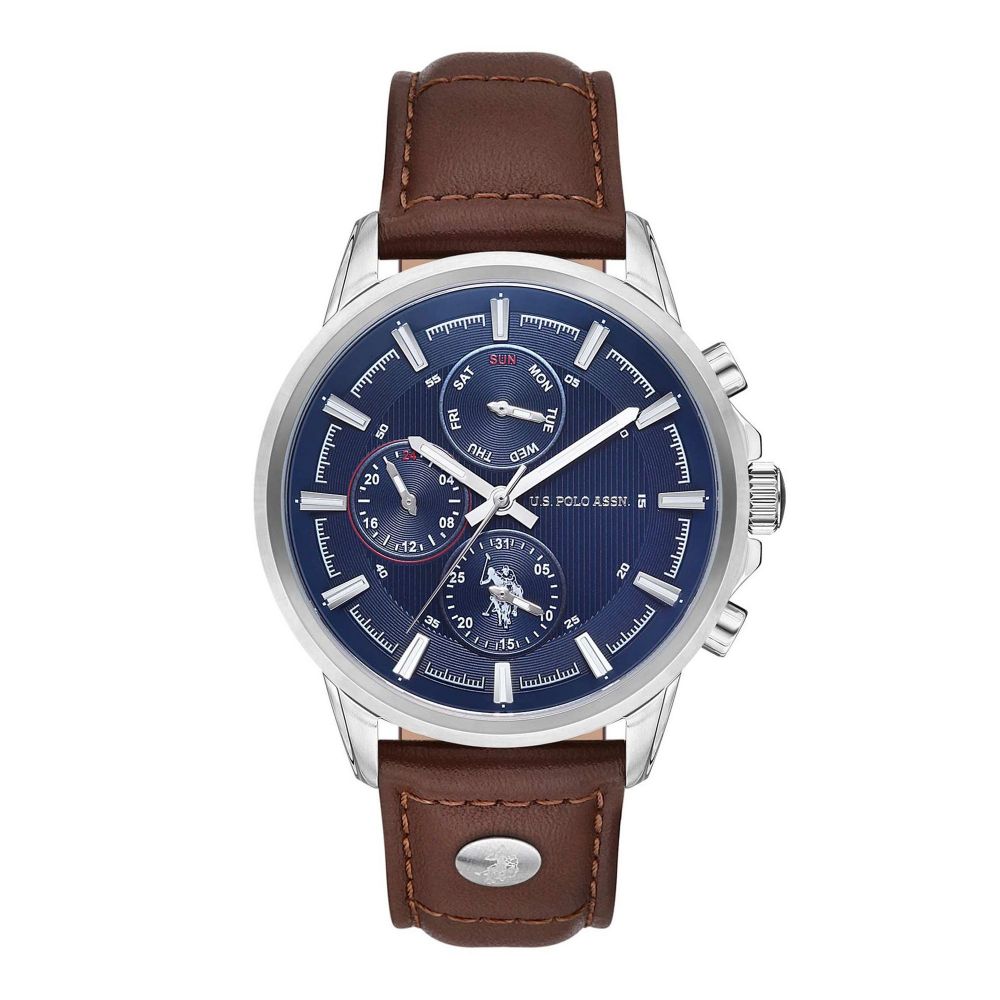 U.S. Polo Assn. Men's Leather Strap Round Dial Chronograph Wrist Watch, Blue, USPA1016-02