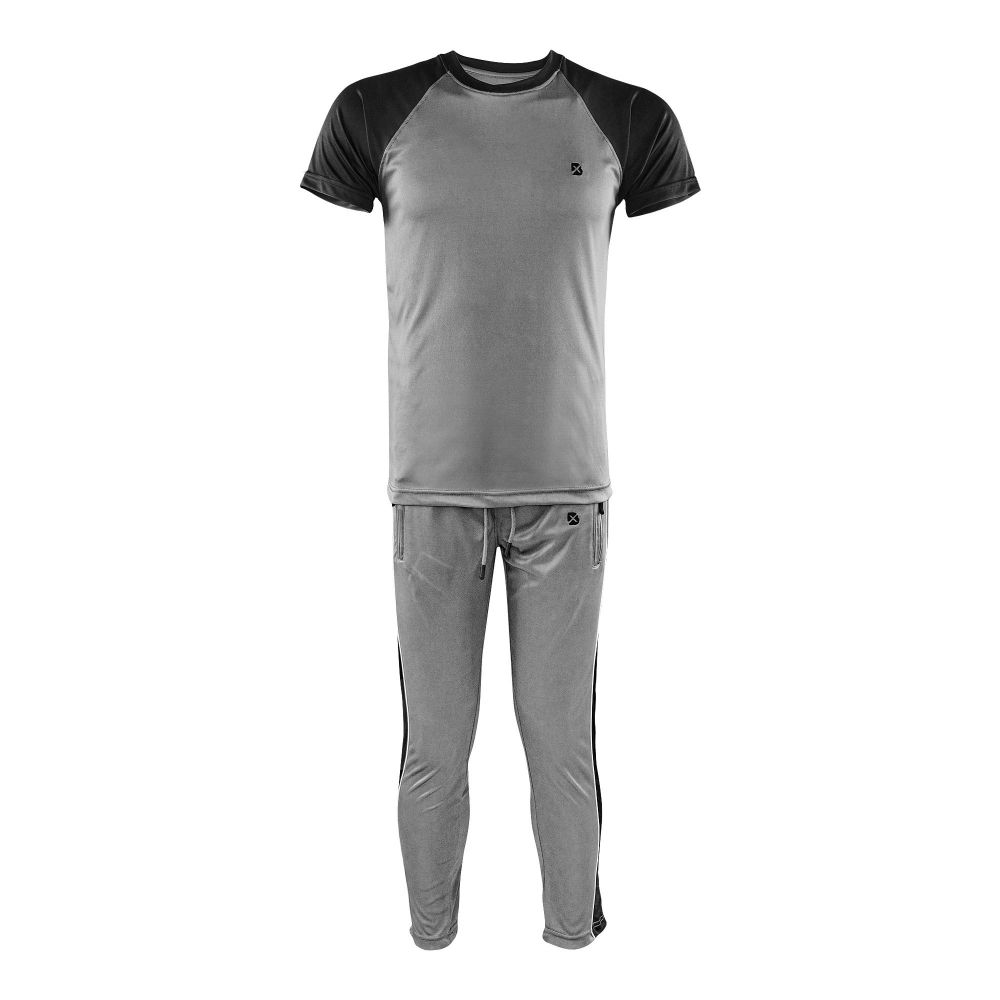 Basic Men's Embroidered Dry Fit Raglan Sleeves Tracksuit, Black & Grey, TS-201