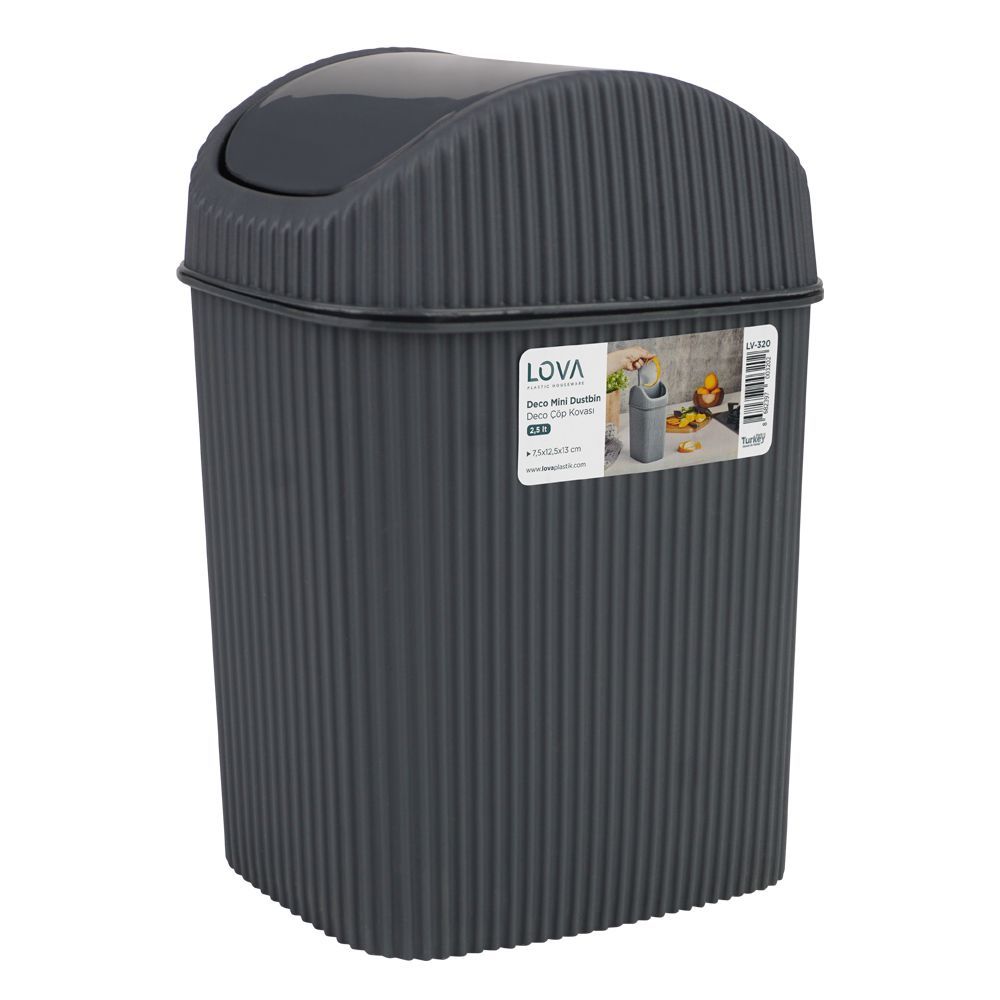 Lova Plastic Houseware Deco Plastic Dustbin, 2.5 Liters Capacity, Dark Grey, 7.5x12.5x13cm, LV-320