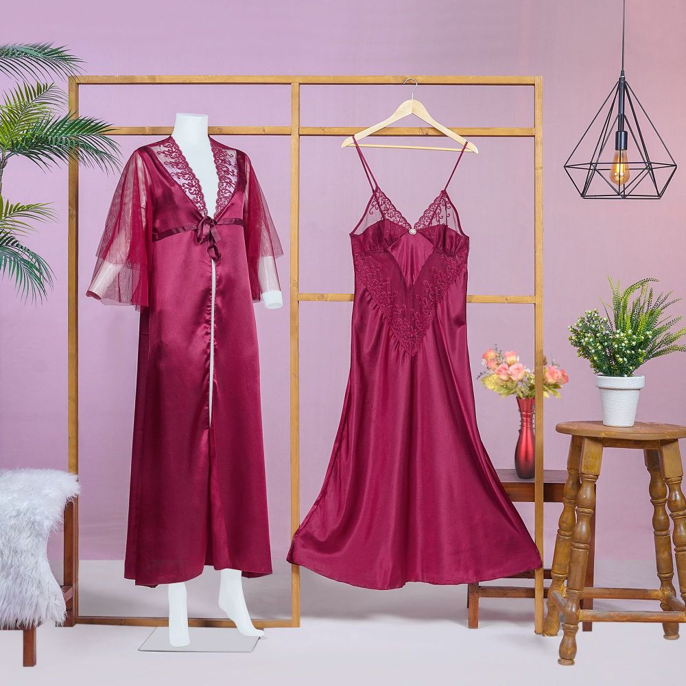 Moon Girl 2-Piece Nightgown, Long Nighty and Ankle Length Robe, Maroon, 3097