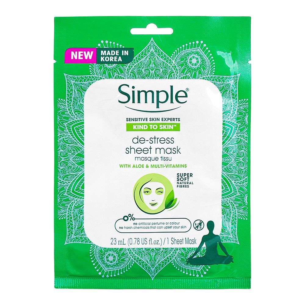 Simple Sensitive Skin Experts Aloe Vera & Multi-Vitamin De-Stress Sheet Mask, 23ml