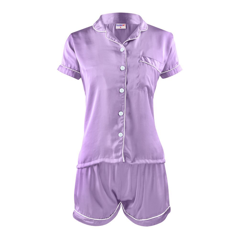 Basix Women's Silk Shirt and Short Pajama Nightwear Set, Lavender, SW-103