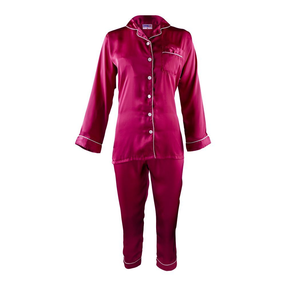 Basix Women's Silk Shirt and Long Pajama Nightwear Set, Magenta, SW-104