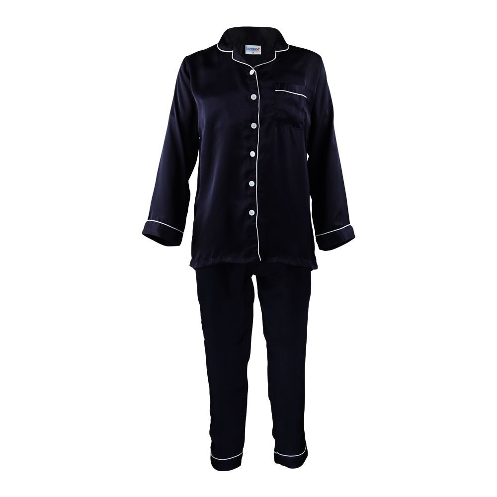 Basix Women's Silk Shirt and Long Pajama Nightwear Set, Navy Blue, SW-107