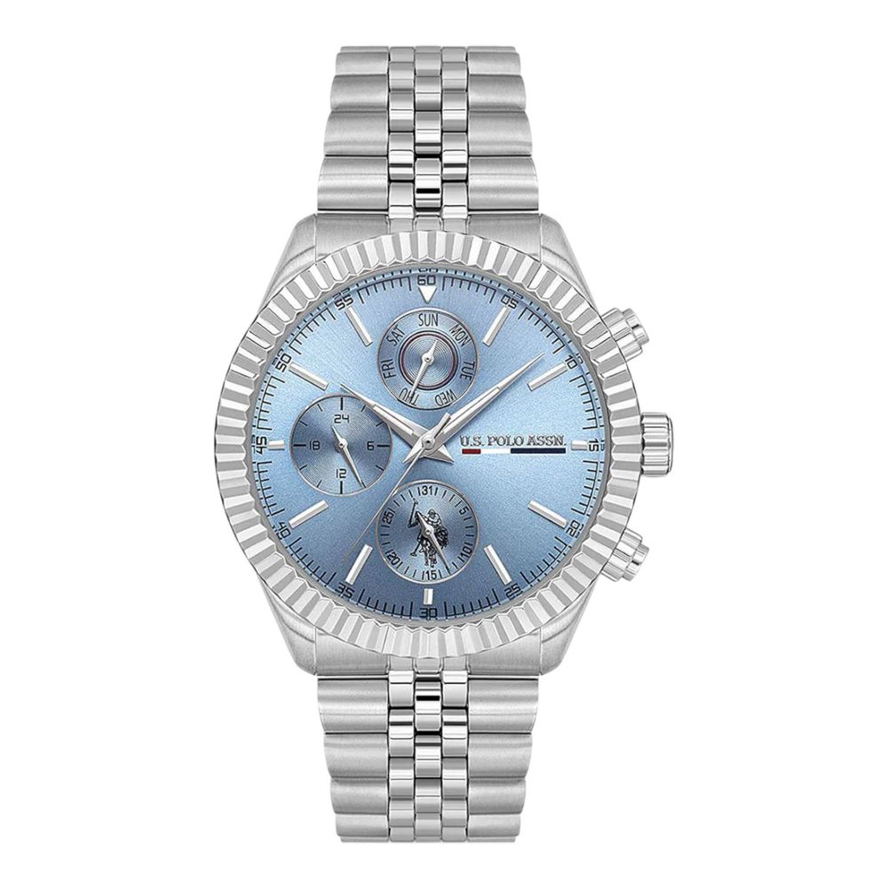 U.S. Polo Assn Men's Round Dial Chronograph Wrist Watch With Chain Strap, Ice Blue, USPA1054B-07