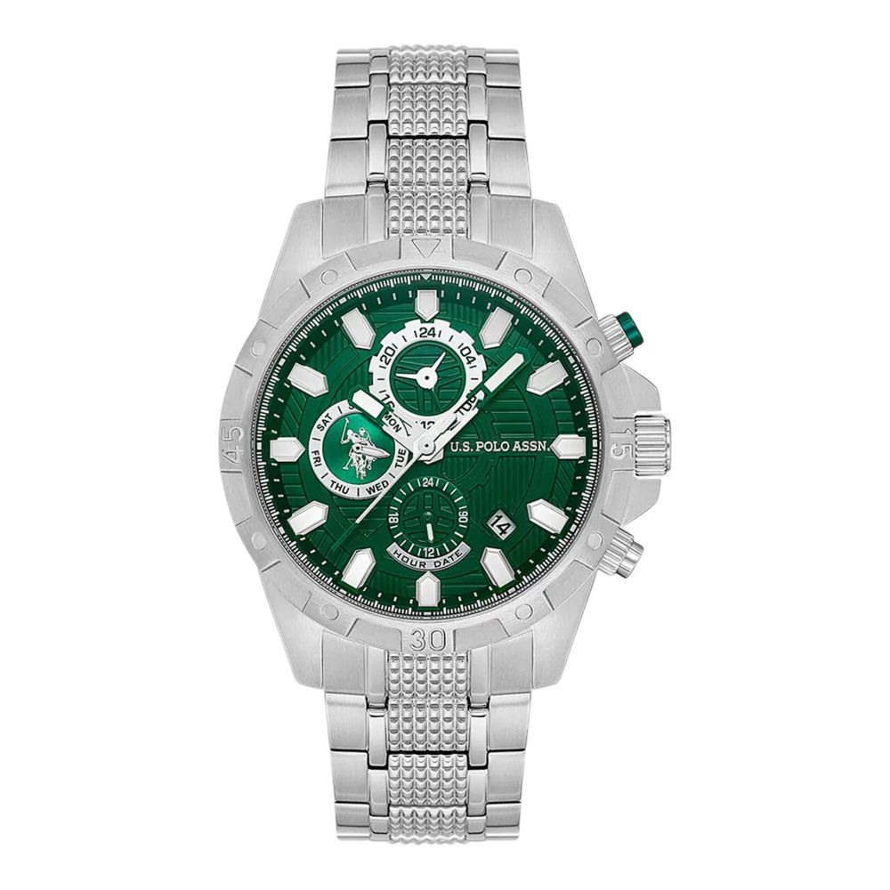 U.S. Polo Assn Men's Round Dial Chronograph Wrist Watch With Chain Strap, Green, USPA1077-04