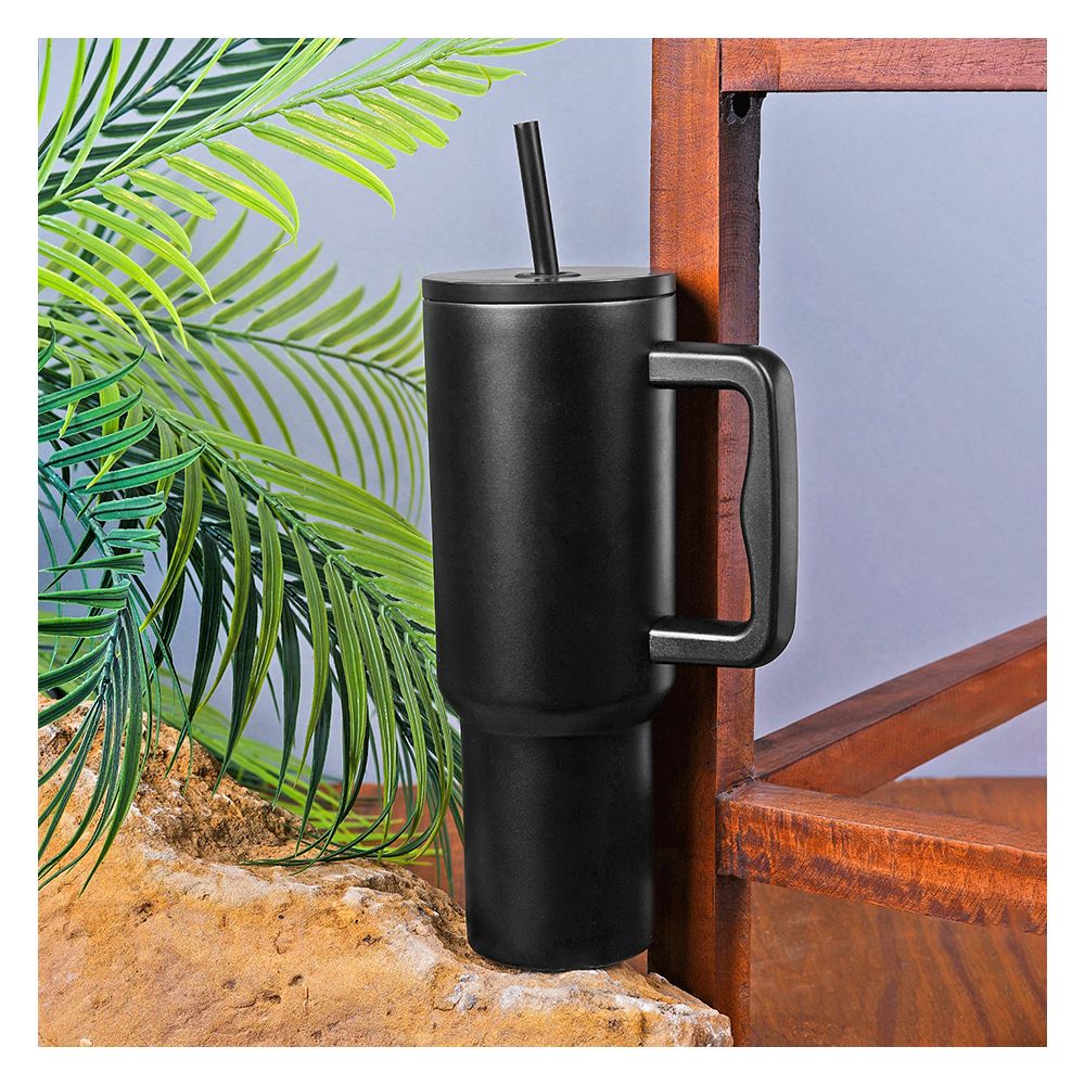 AJF Plain Stainless Steel Vacuum Insulated Tumbler With Lid & Straw, 1800ml, Black