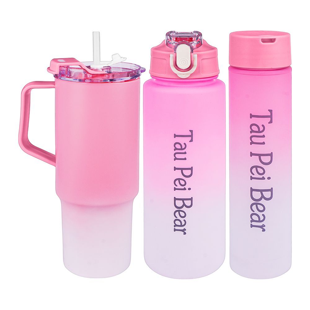 UBS Tau Pei Bear Sports Water Bottle, Vacuum Insulated Tumbler 3-Piece Set, Pink