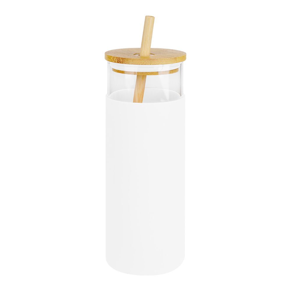 Inaaya Traders Glass Bottle With Wooden Cap and Straw, 450ml, White