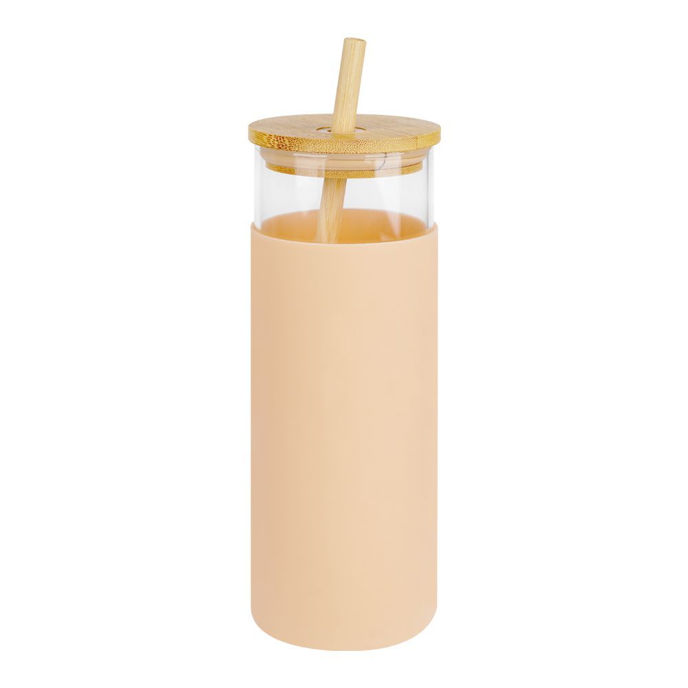 Inaaya Traders Glass Bottle With Wooden Cap and Straw, 450ml, Pink