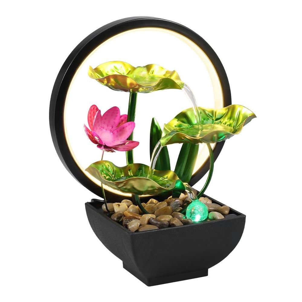 Inaaya Traders Lotus Leave Flowing Water Tabletop Fountain With LED Night Light, Auto USB Desk