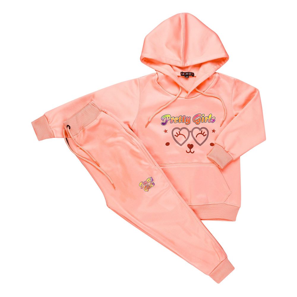 Girls Pretty Girls Tracksuit With Hoodie and Trouser, Peach