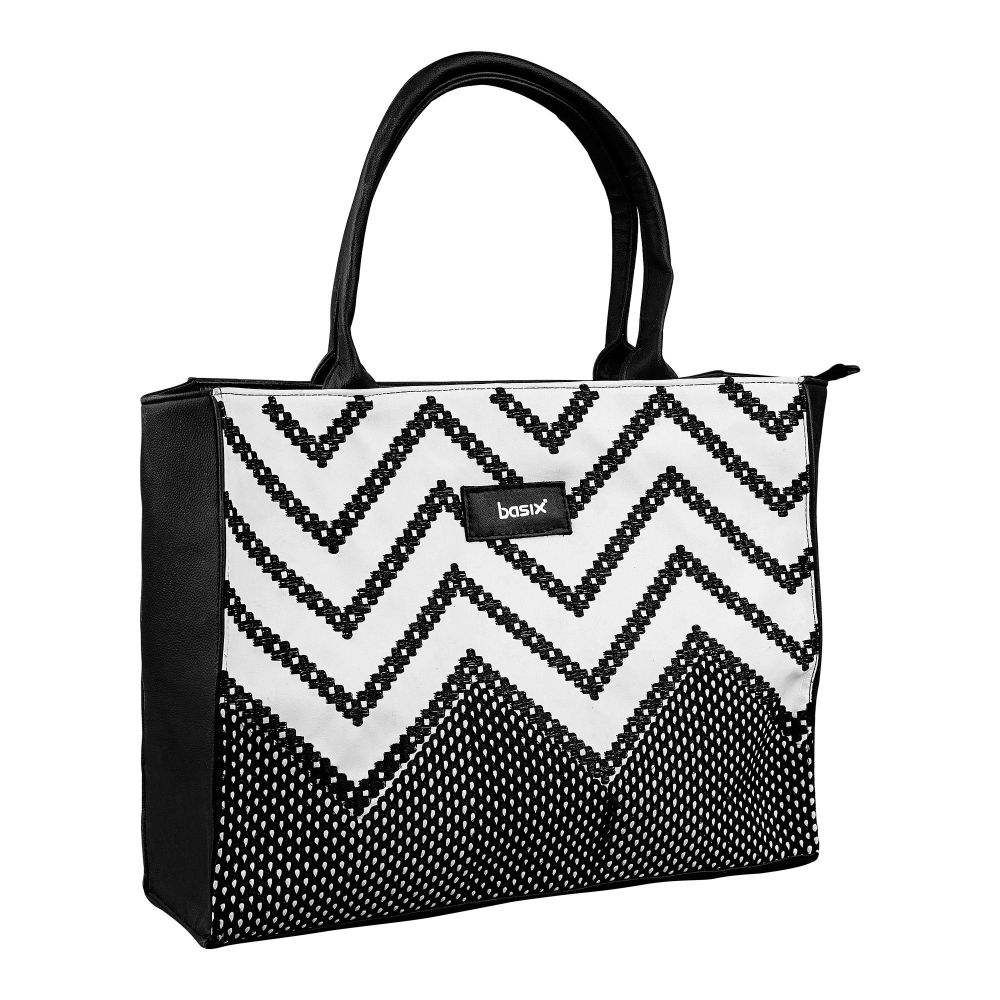 Basix Women Zig Zag Pattern Hand Bag, Black & White, EMB-BL01