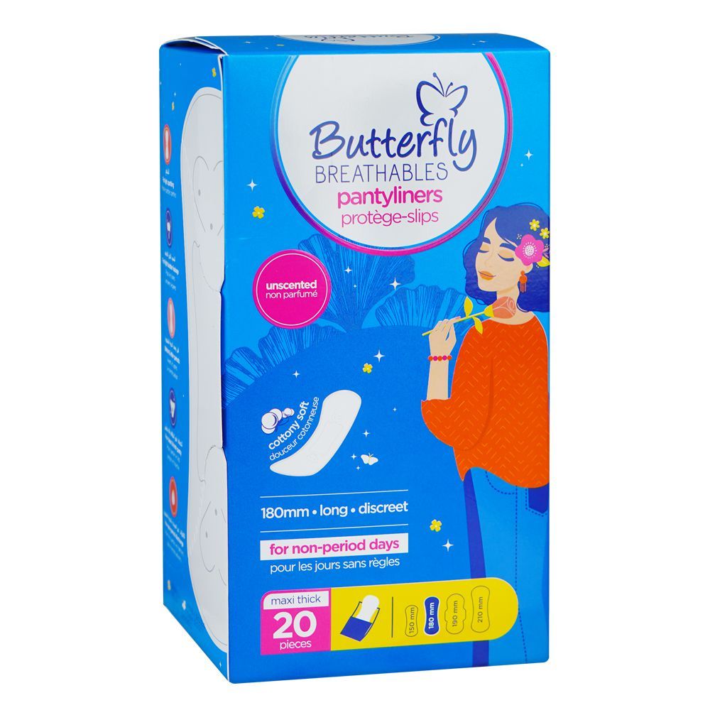 Butterfly Breathables Maxi Thick Cottony Soft Unscented Panty Liners, Long, 20-Pack