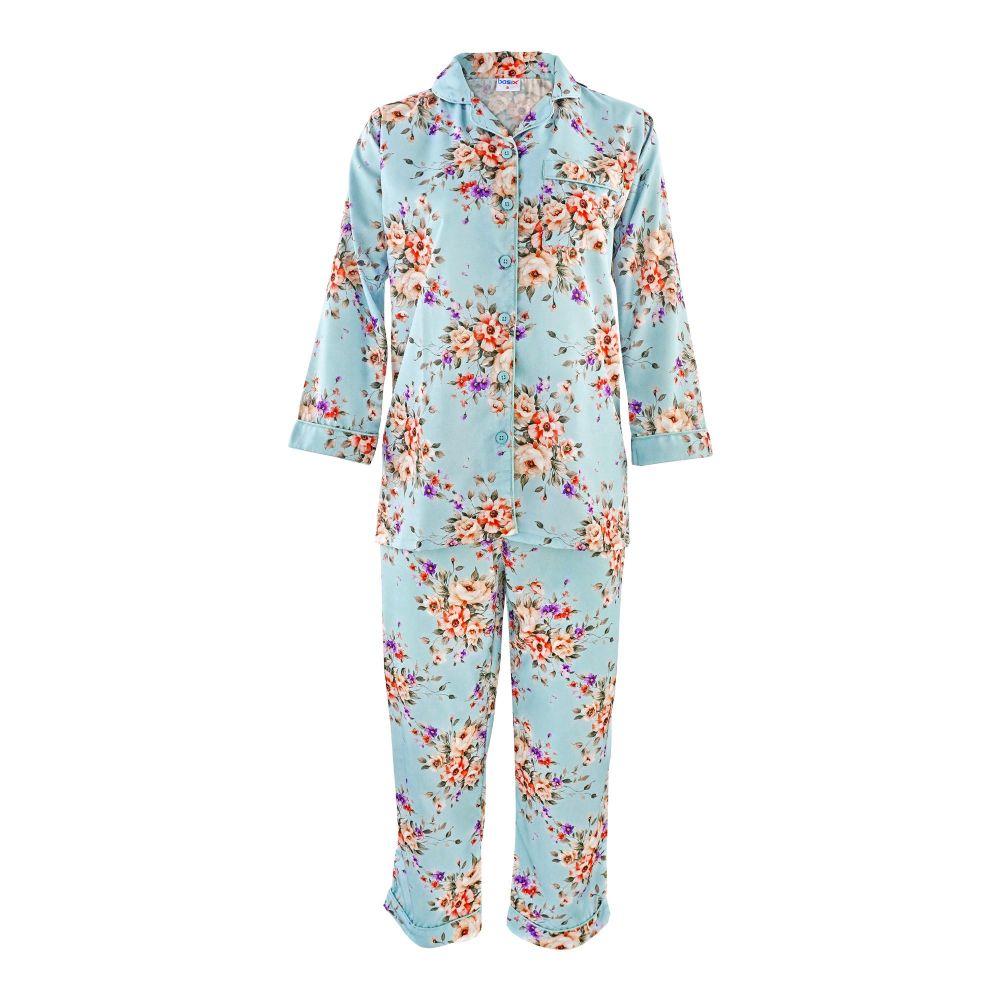 Basix Women's Digital Crepe Floral Loungewear Dress, 2-Piece Set, Pastel Blue, LW-642