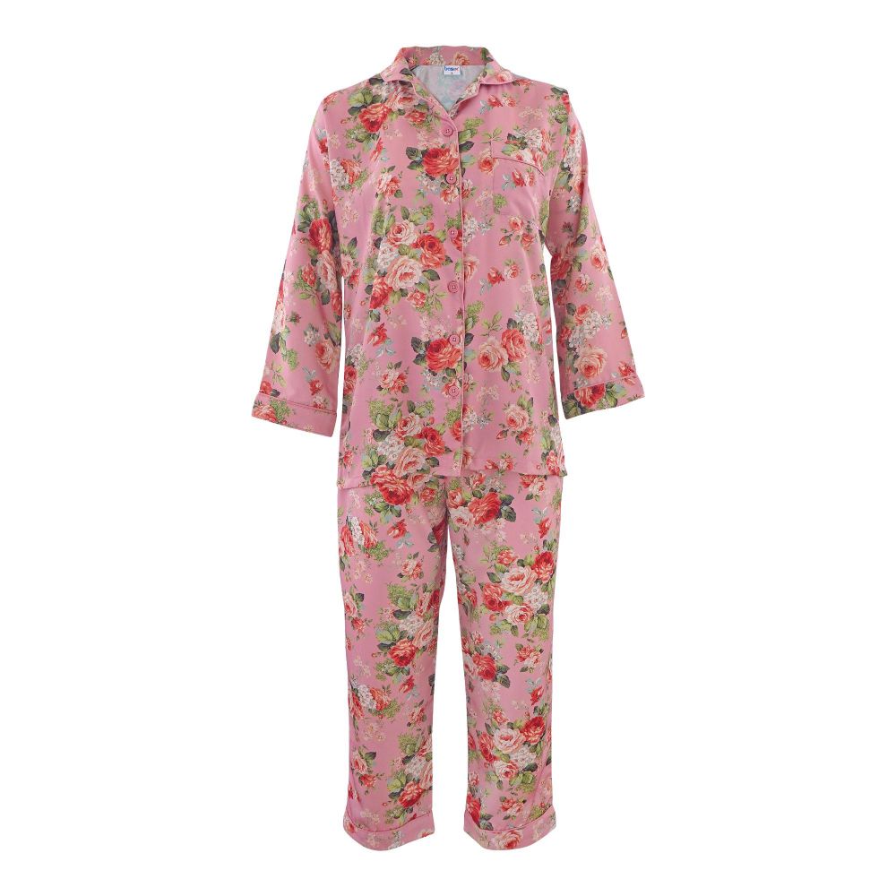 Basix Women's Digital Crepe Floral Loungewear Dress, 2-Piece Set, Rose Pink, LW-644