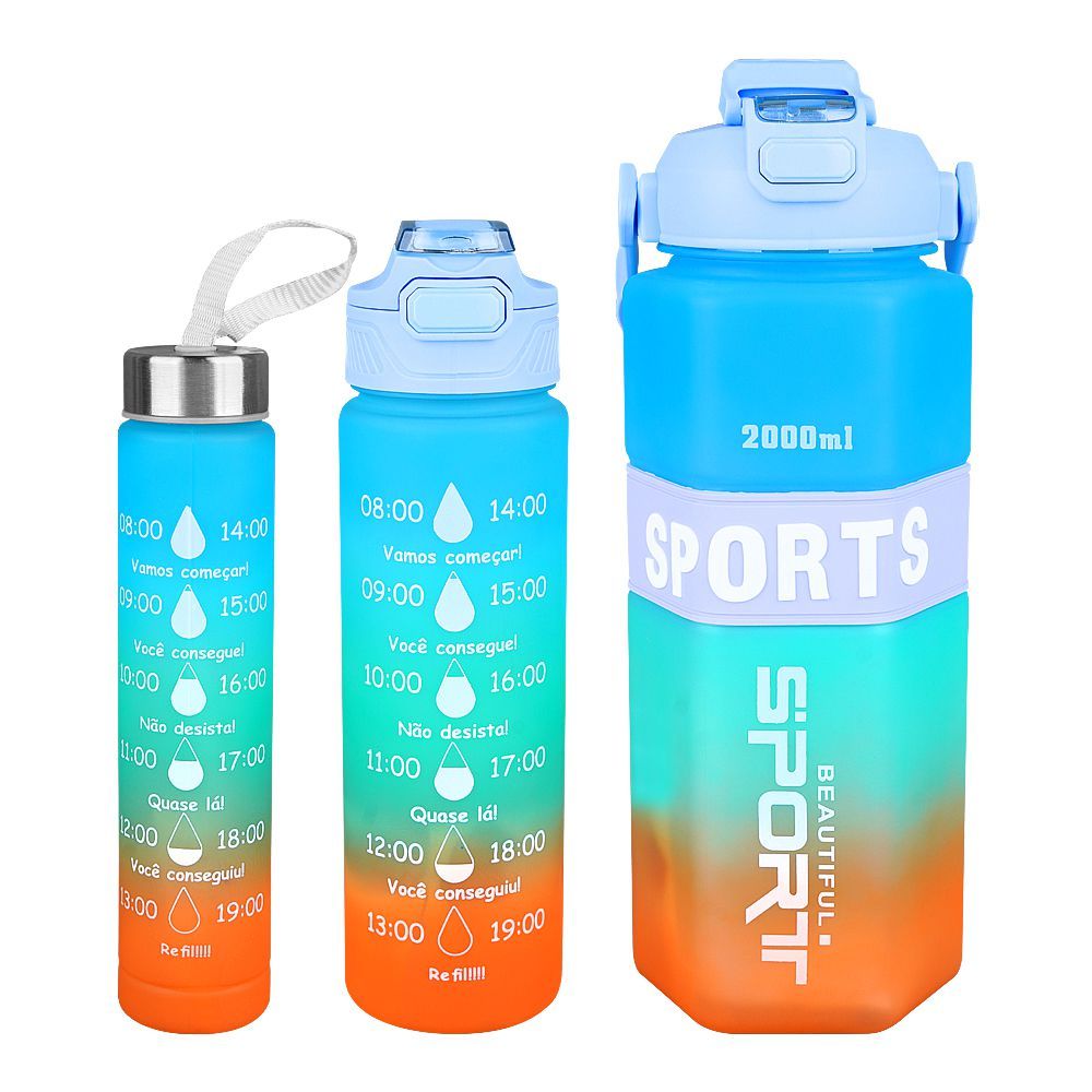 AJF Set of 3 Sports BPA-Free Water Bottles with Time Marker - 2000ml, 800ml & 280ml, Sea Blue