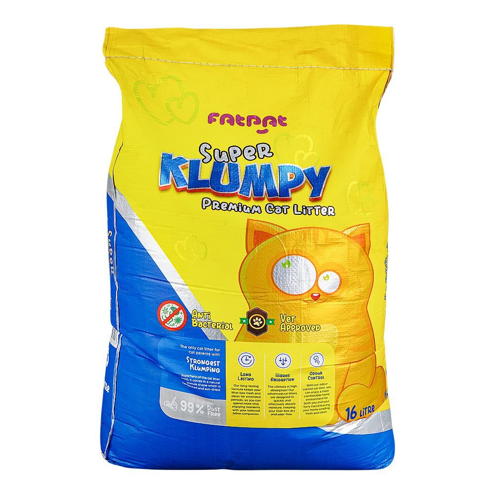 Fat Pat Super Klumpy Premium Cat Litter, Anti-Bacterial, Vet-Approved, 16 Liter Bag