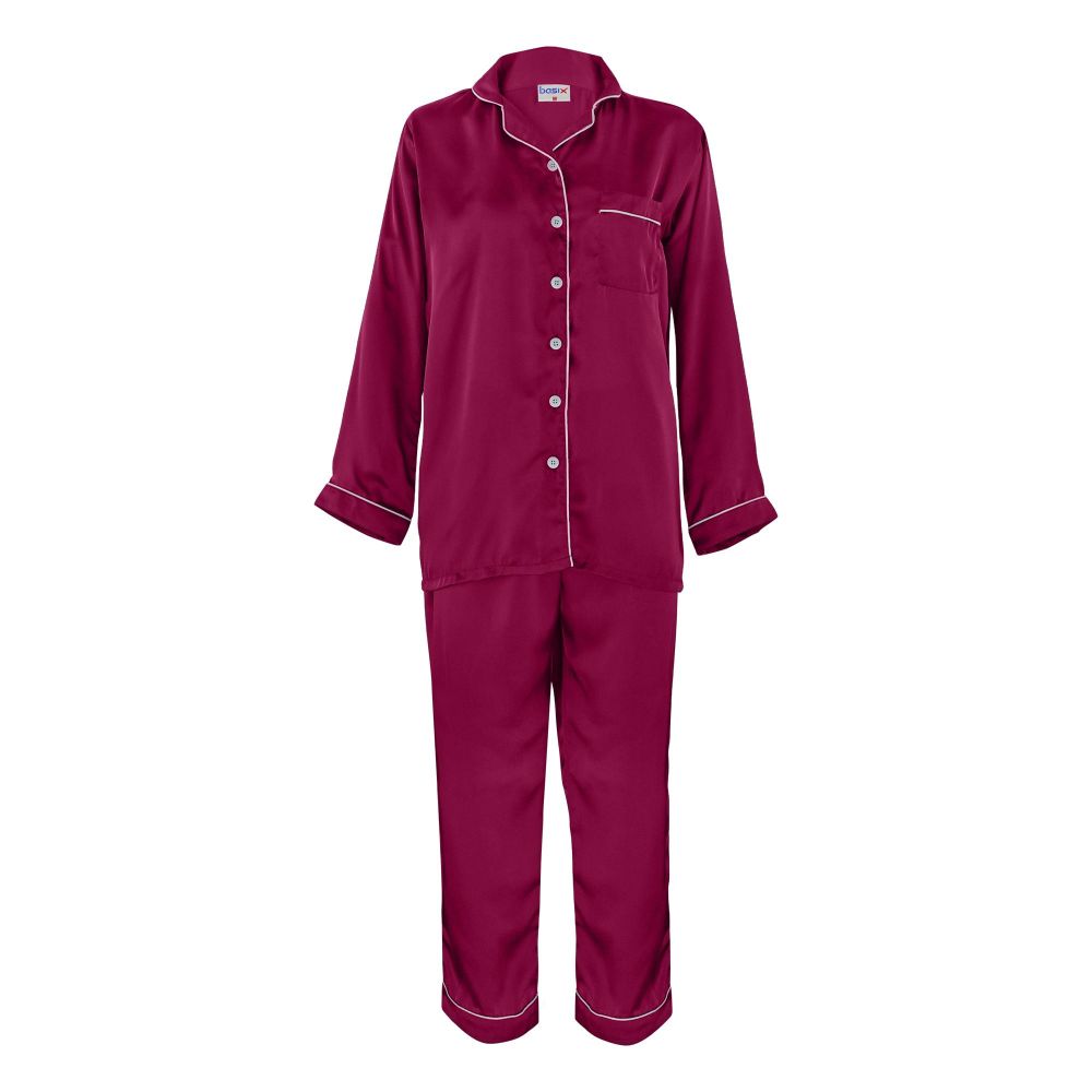 Basix Women's 2-Piece Pajama Set Night Suit, Silk Shirt & Trouser, Magenta, SW-109