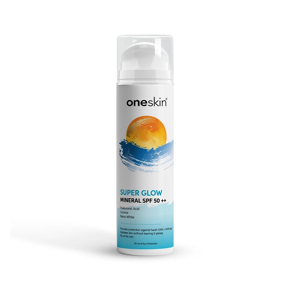 Oneskin Super Glow SPF 50++ Mineral Sunblock with Hyaluronic Acid, Licorice & Nano White, 50ml