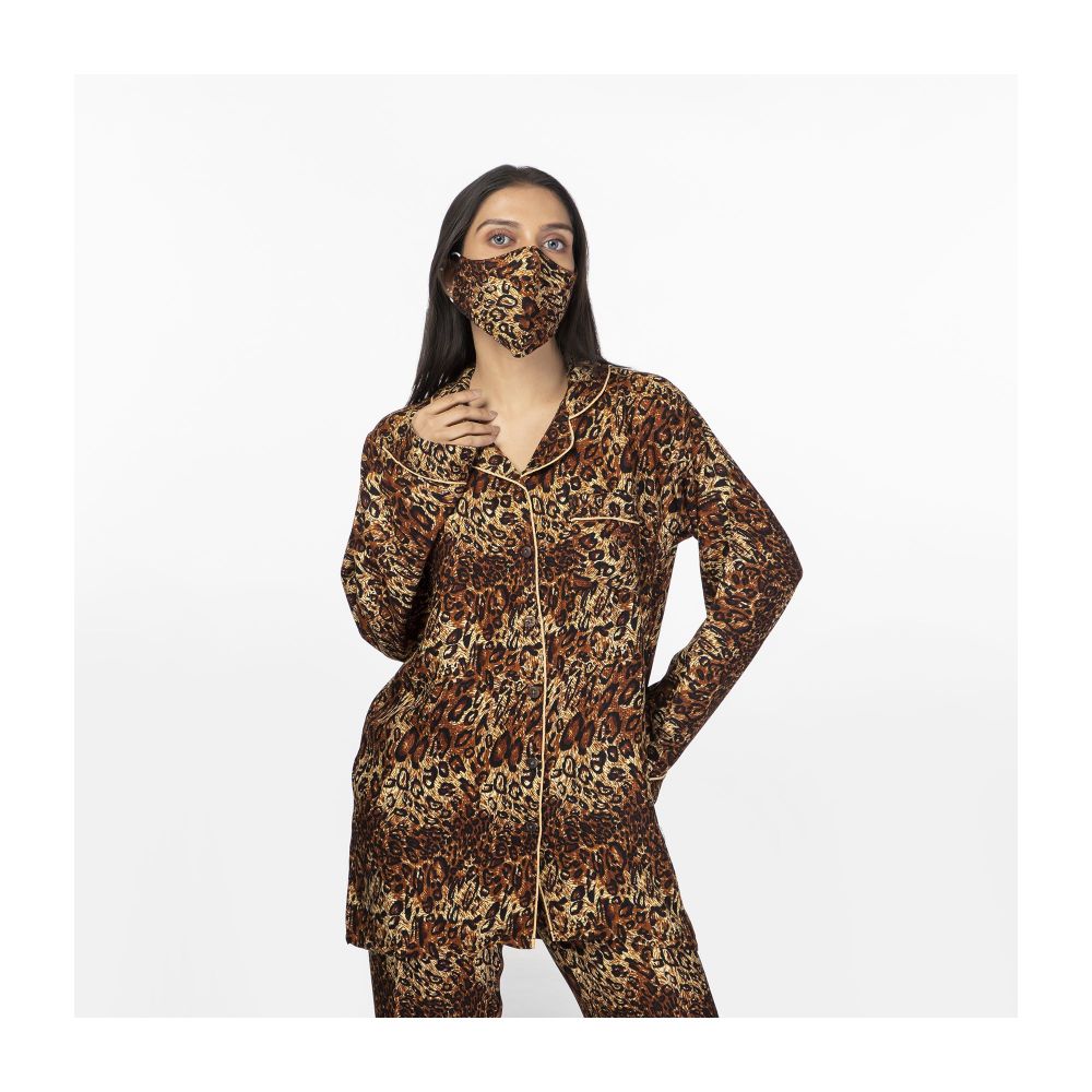 Basix Women's Loungewear Suit Set, Black Gold Cheetah, 514