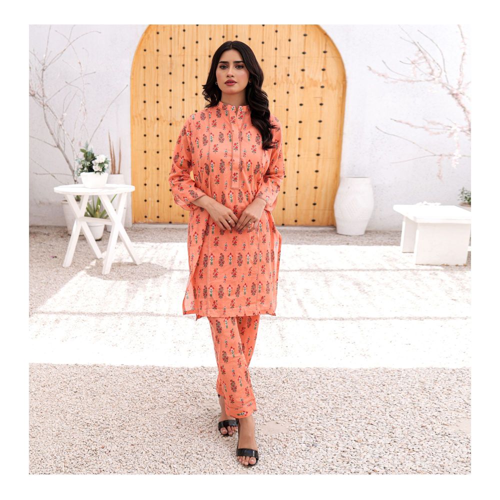 Basix Womens Orange Lace Embellished With Contemporary Sleeves, 2 Piece - Lawn Shirt & Trouser, EW-102