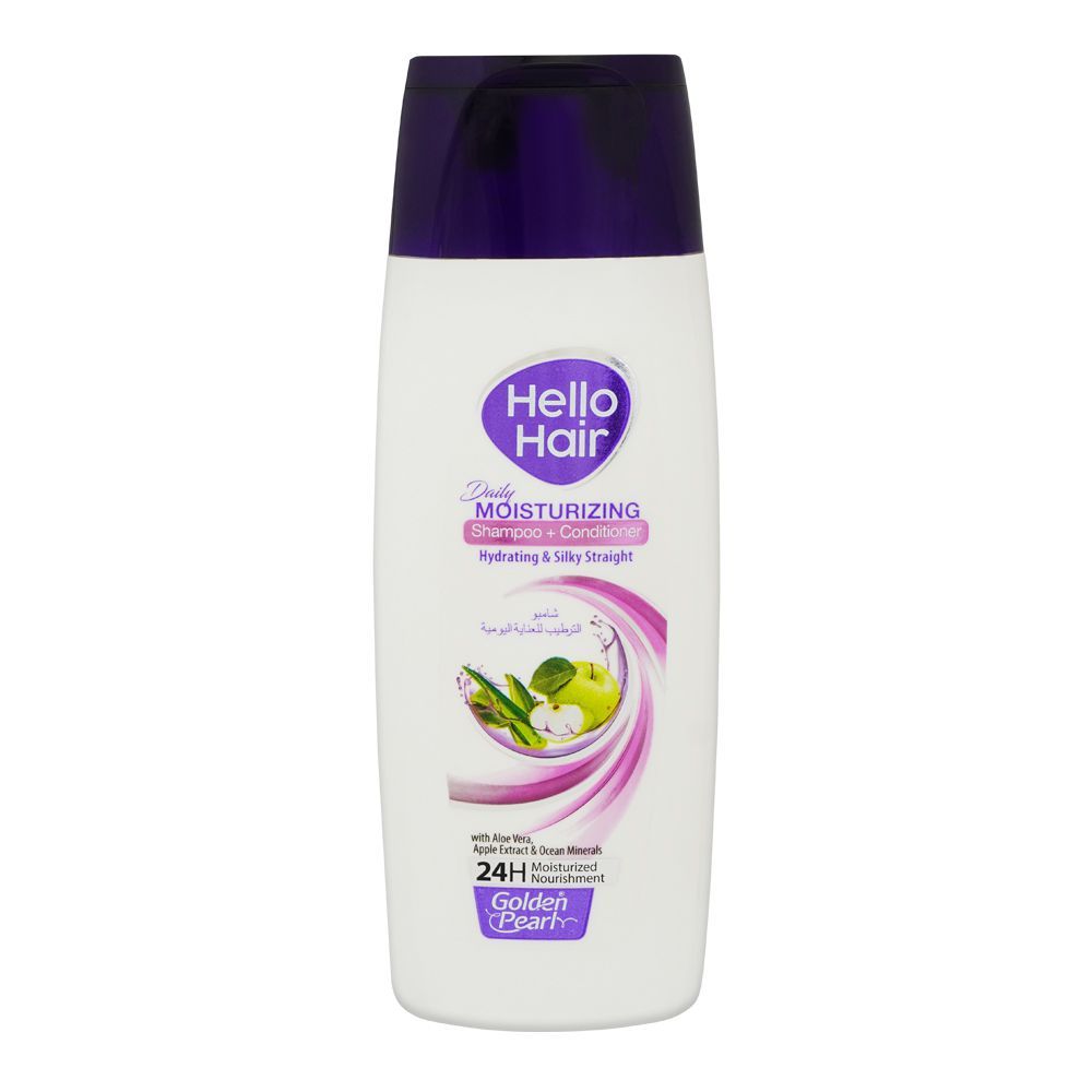 Golden Pearl Hello Hair Daily Moisturizing Shampoo + Conditioner, Hydrating & Silky Straight With Aloe Vera, Apple Extract & Ocean Minerals, 24Hrs Moisturized Nourishment, 385ml