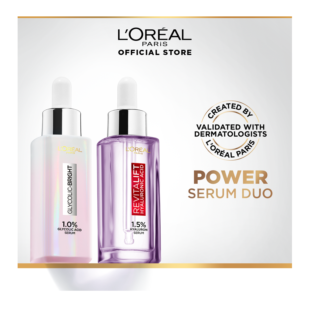 L'Oreal Paris Power Serum Duo Glycolic-Bright Instant Glowing Serum 30ml + Revitalift Hyluronic Acid Serum 30ml, 2-Pack