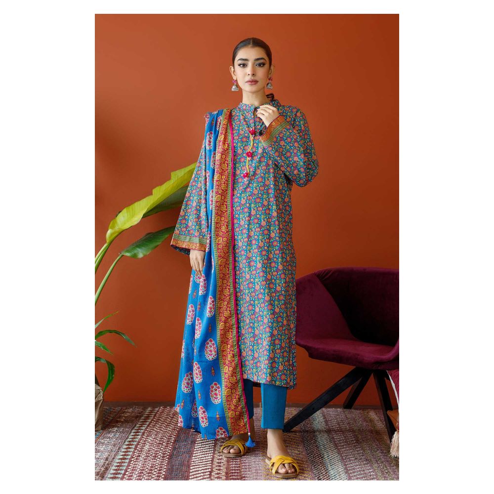 Unstitched 3 Piece Printed Cambric Shirt, Cambric Pant & Lawn Dupatta, Blue, 57796