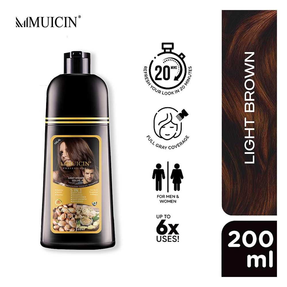 Muicin Ginger & Argan 5-In-1 Hair Color Shampoo, Light Brown, For All Hair Types, 200ml