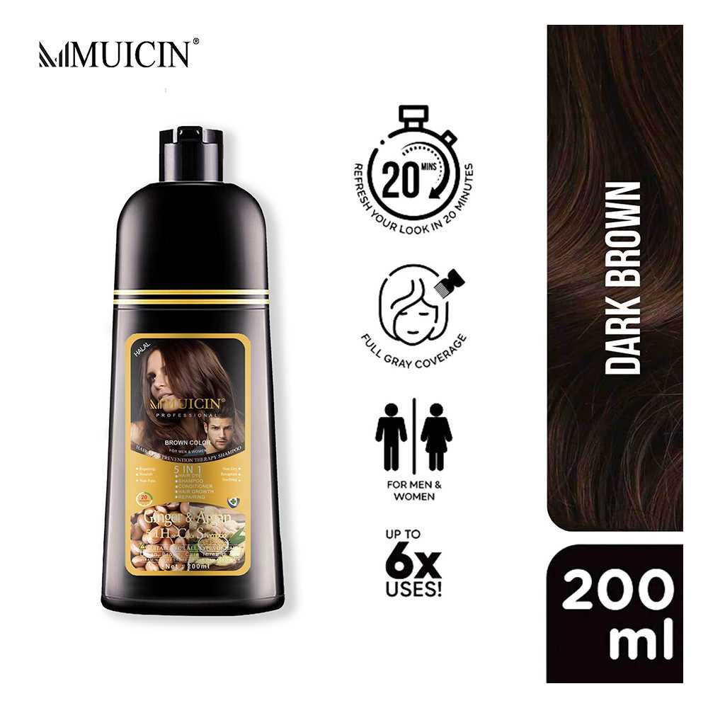 Muicin Ginger & Argan 5-In-1 Hair Color Shampoo, Dark Brown, For All Hair Types Of Men & Women, 200ml