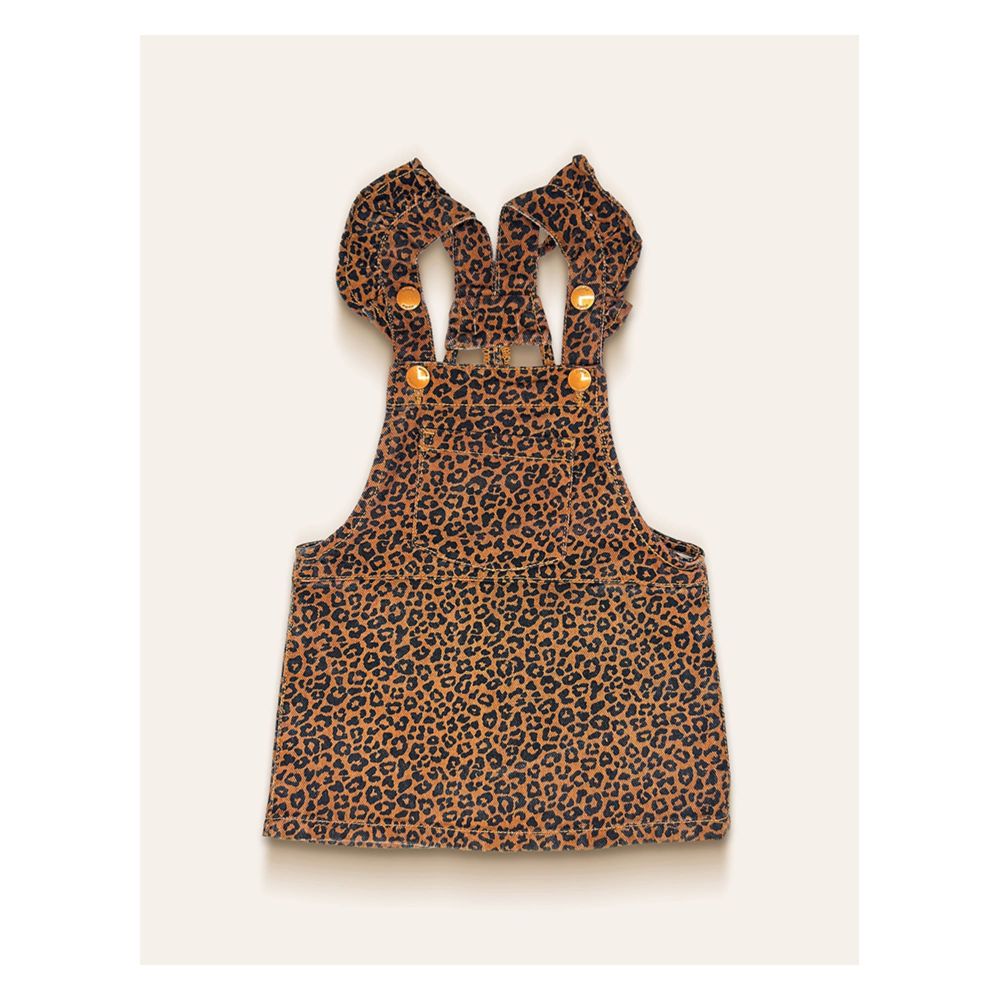 IXAMPLE Girls Leopard Patterned Pinafore Dress, Black and Brown, IXGDS 94021