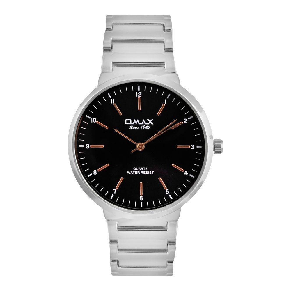 Omax Men's Black Round Dial With Chrome Bracelet Analog Watch, HBC267P004
