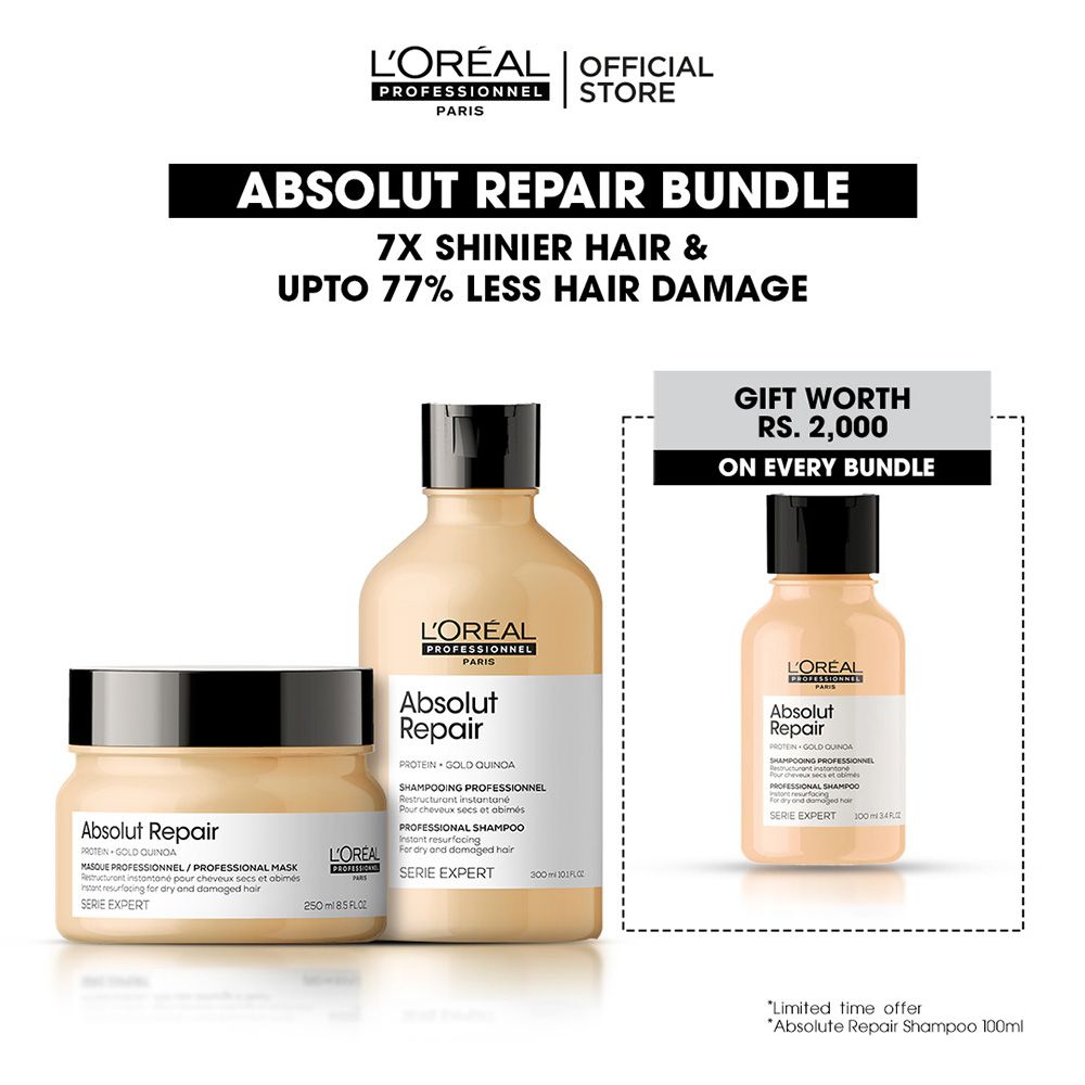 L'Oreal Professionnel Absolut Repair Bundle, 300ml Shampoo & 250ml Mask For Dry and Damaged Hair + Free 100ml Pro Longer Shampoo